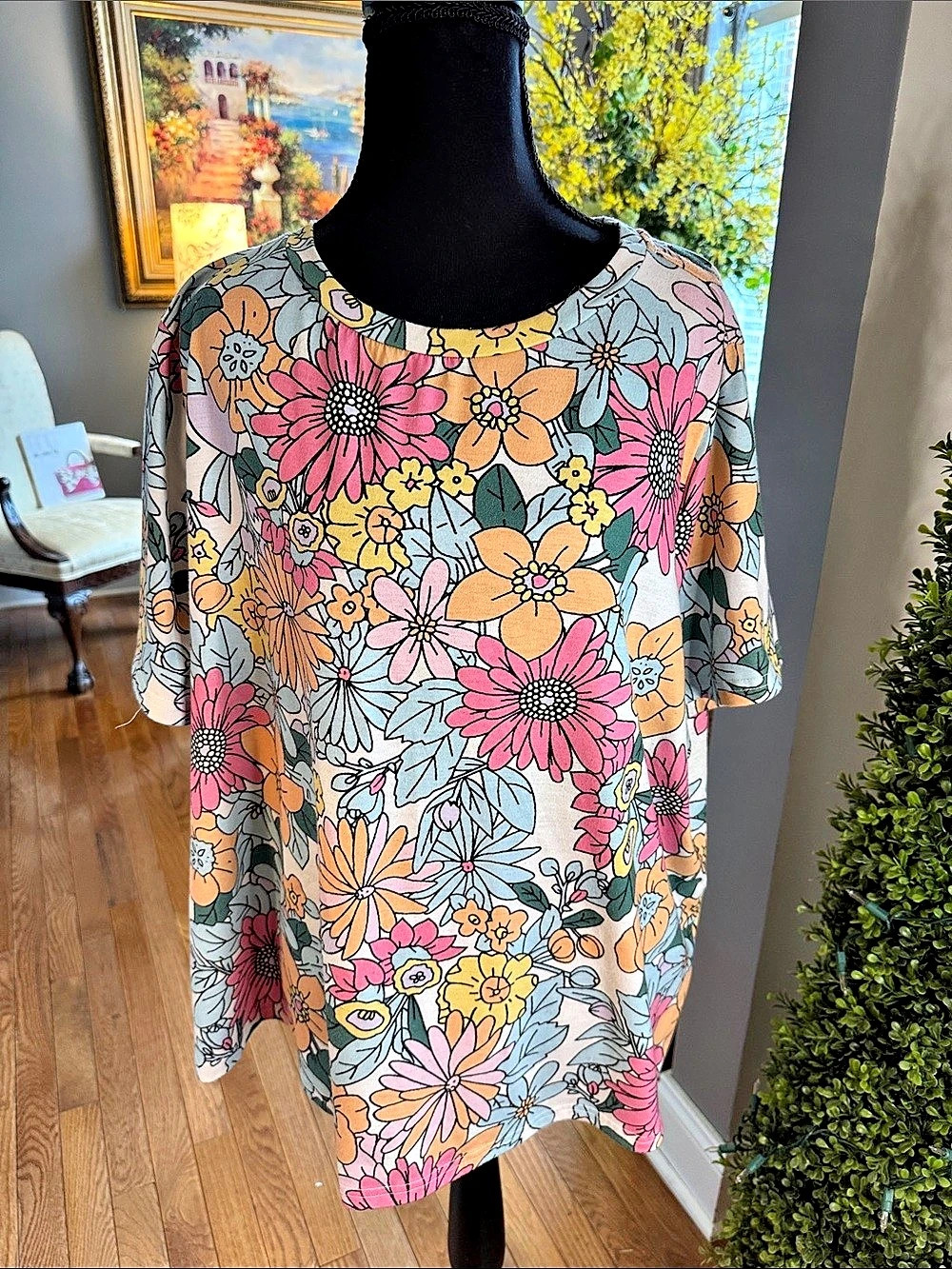 SHEIN Floral Short Sleeve Top in Blue & Pink Size 2XL Like New